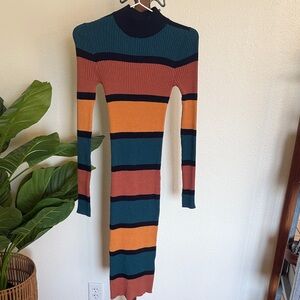 Forever 21 Striped Long Sleeve Dress - Teal, Orange, Black